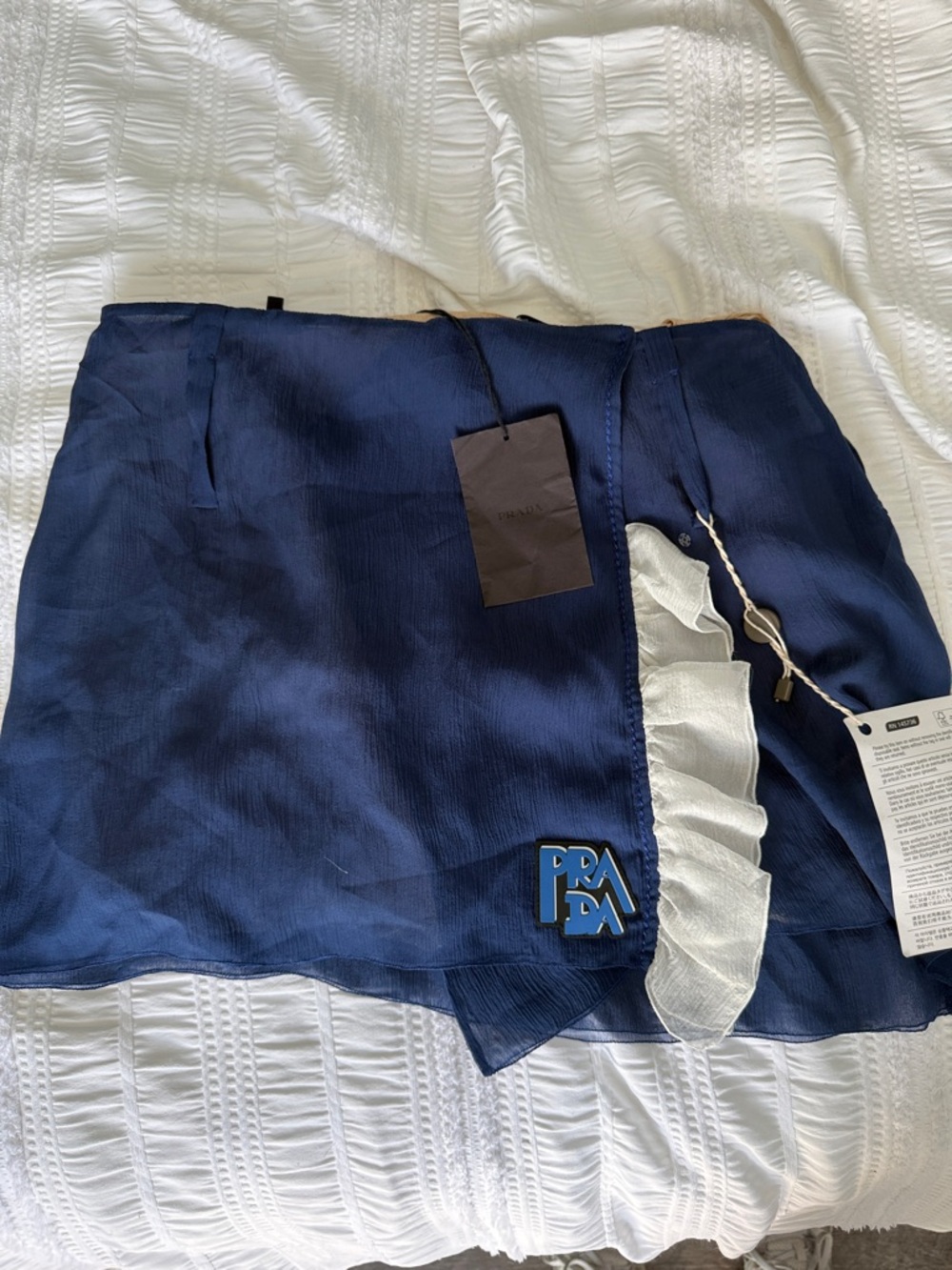 Prada Navy and White Silk Mini Skirt with Ruffle Trim